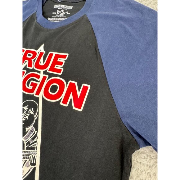 True Religion Mens Raglan Original Tee Size M Navy/Black Buddha Graphic Guitar - Picture 6 of 8